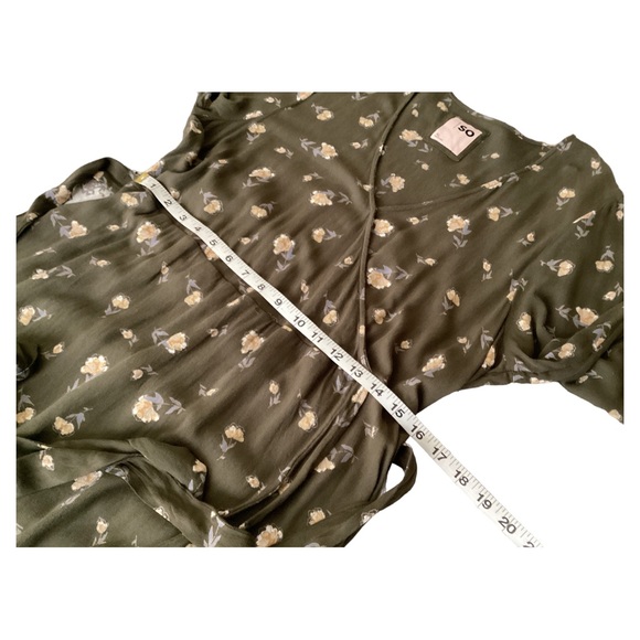SO Side-Tie Faux-Wrap Ruffle Olive Green Floral V-Neck Long Sleeves Dress Sz XL - Picture 6 of 16